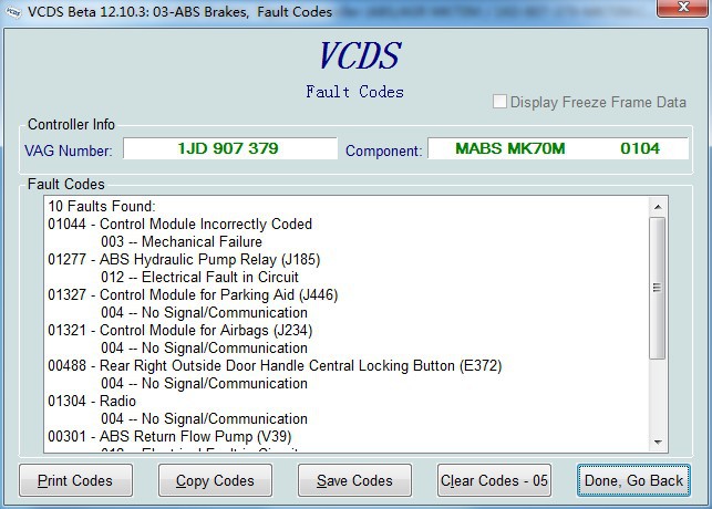 vag com VCDS Beta 12.10.3 ABS Frenleri Hata Kodları